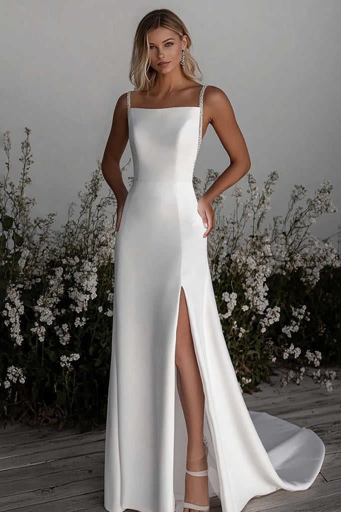 ZAPAKASA Women Simple Ivory Wedding Dress with Slit Satin Sheath Beaded ...