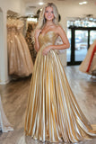 Chic Gold A Line V-Neck Metallic Pleated Long Prom Dress