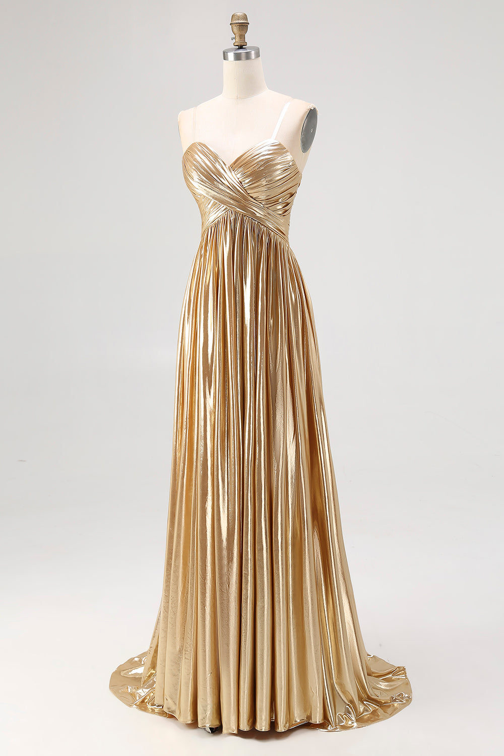 Chic Gold A Line V-Neck Metallic Pleated Long Prom Dress