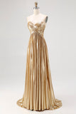 Chic Gold A Line V-Neck Metallic Pleated Long Prom Dress