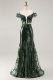 Chia Dark Green Off the Shoulder Mermaid Sequin Long Prom Dress with Embroidery