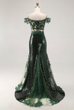 Chia Dark Green Off the Shoulder Mermaid Sequin Long Prom Dress with Embroidery