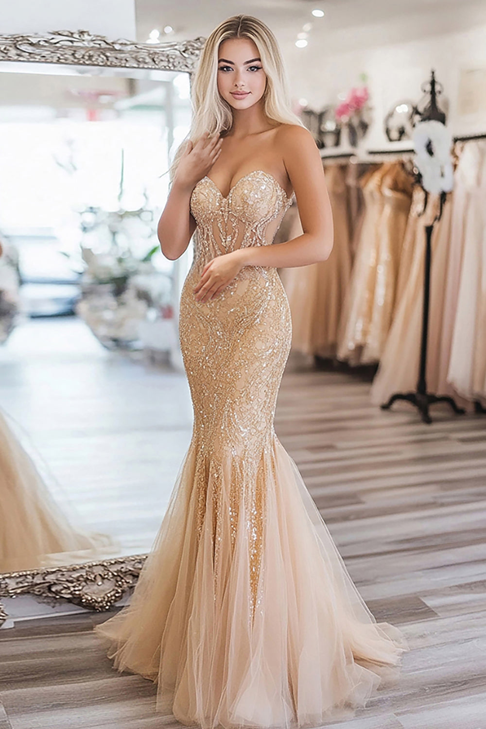 ZAPAKA Women Gold Prom Dress Mermaid Sleeveless Sweetheart Embroidery Evening Dress, Golden / US10 ZAPAKA Women Gold Prom Dress Mermaid Sleeveless Sweetheart Embroidery Evening Dress, Golden / US10