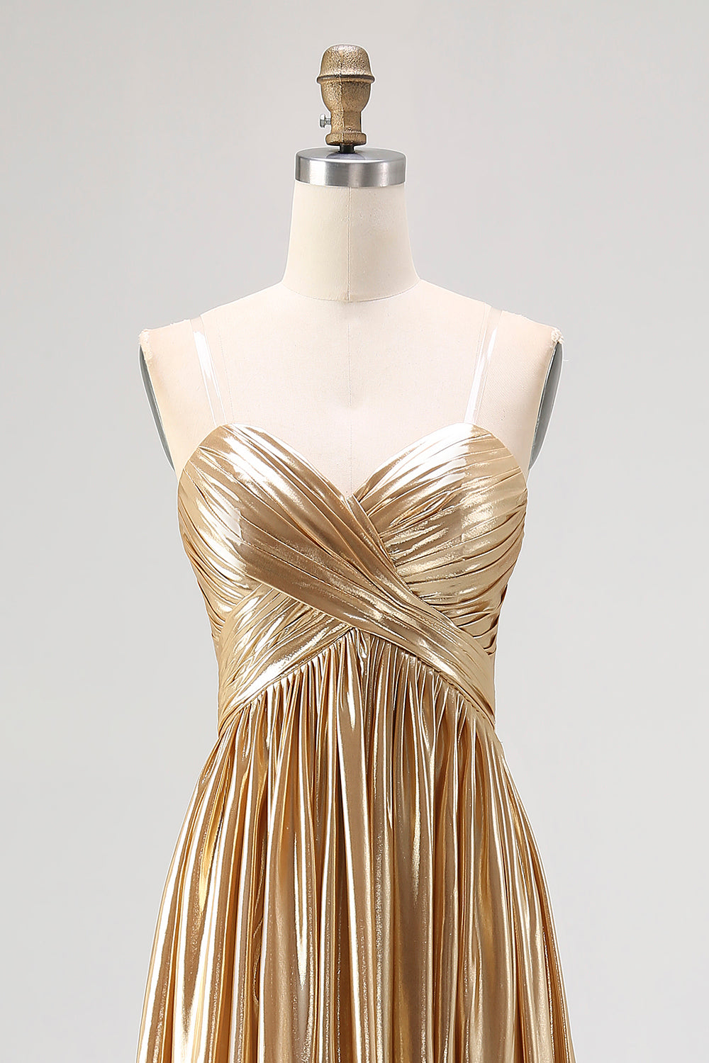 Chic Gold A Line V-Neck Metallic Pleated Long Prom Dress