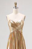 Chic Gold A Line V-Neck Metallic Pleated Long Prom Dress