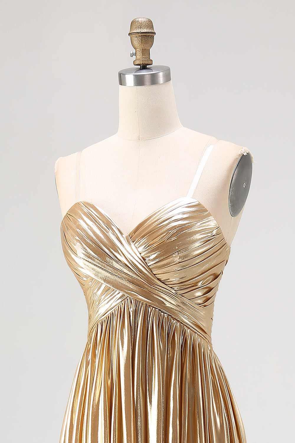 Chic Gold A Line V-Neck Metallic Pleated Long Prom Dress