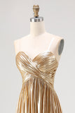 Chic Gold A Line V-Neck Metallic Pleated Long Prom Dress