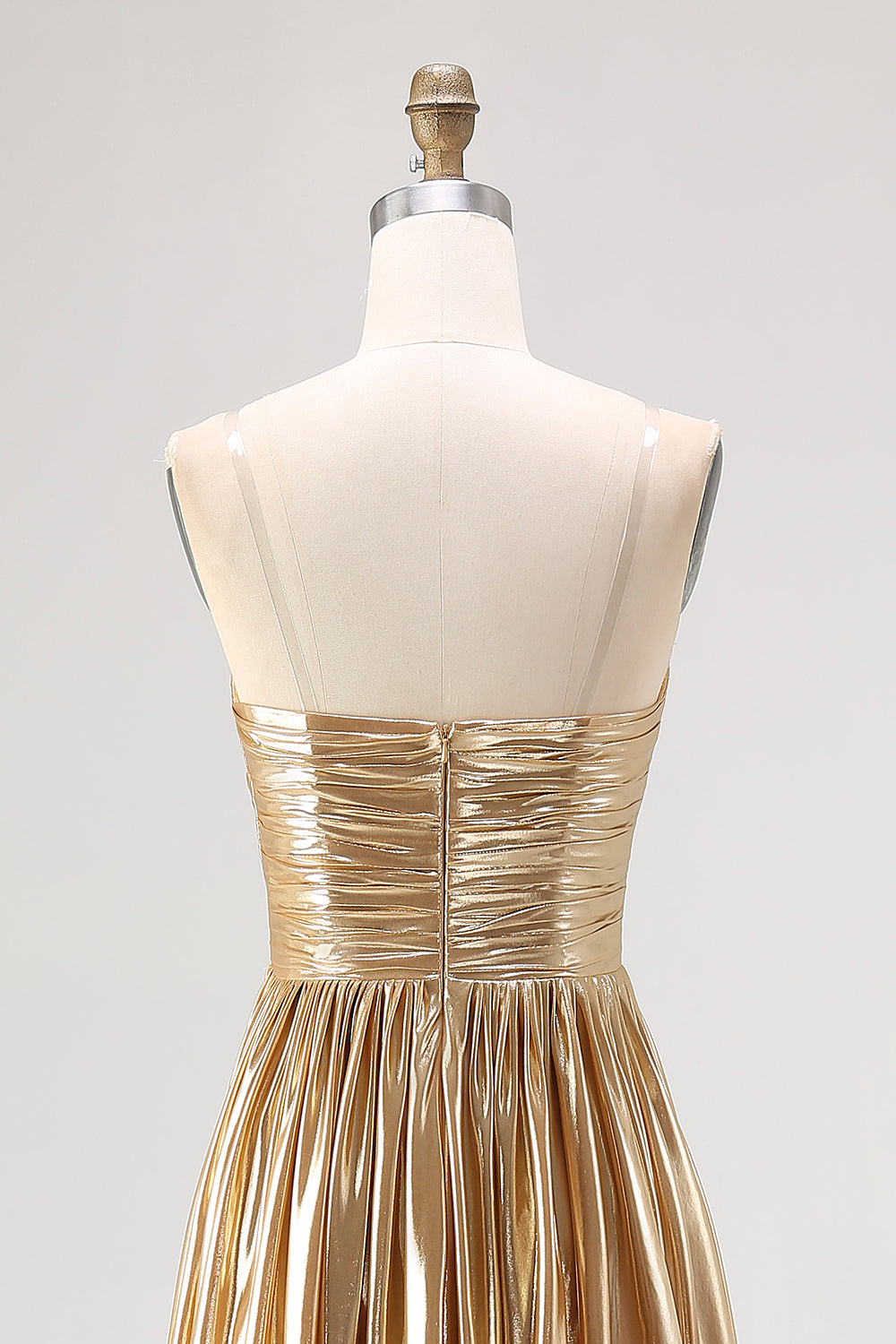 Chic Gold A Line V-Neck Metallic Pleated Long Prom Dress
