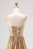 Chic Gold A Line V-Neck Metallic Pleated Long Prom Dress