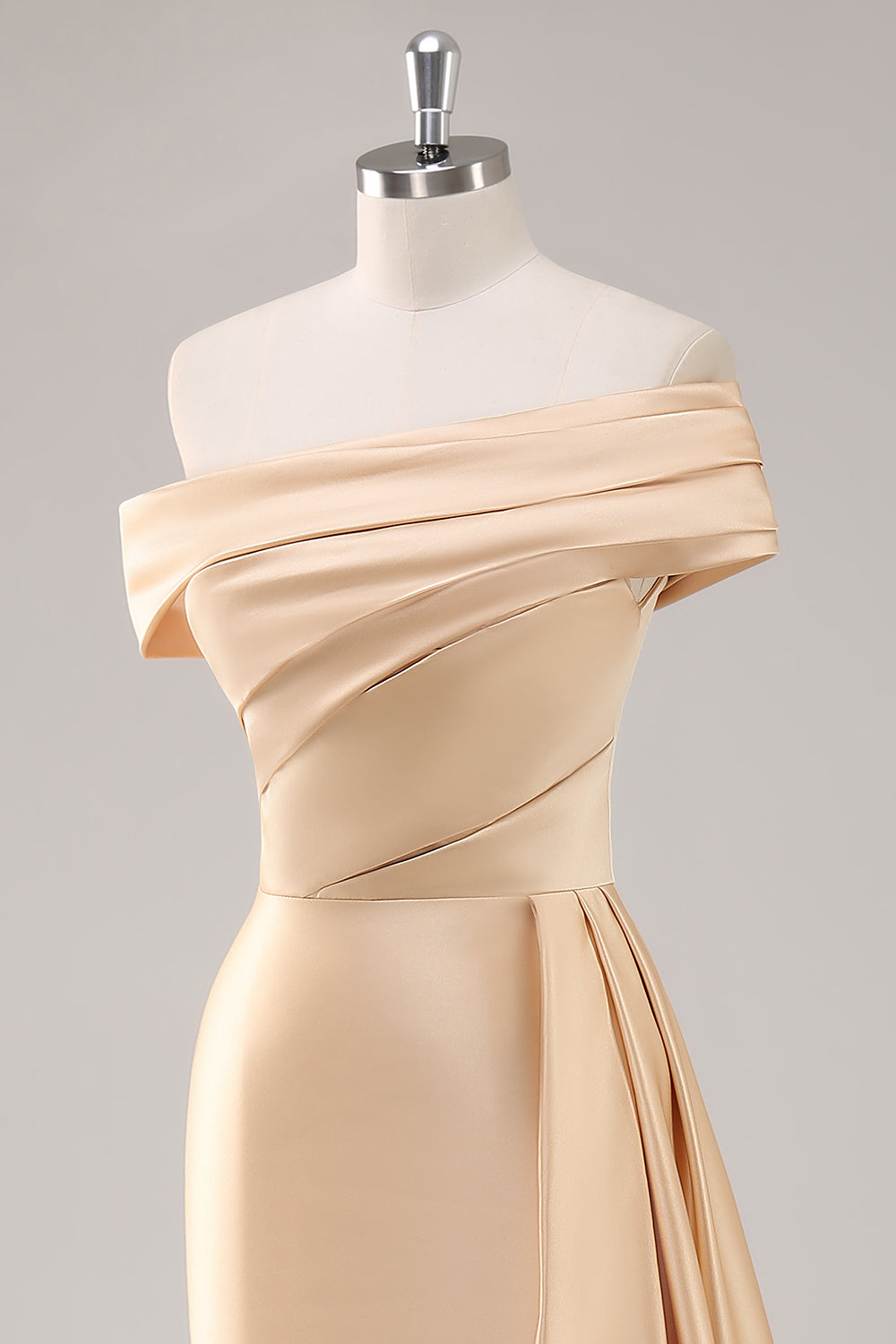Zapaka Women Sheath Champagne Formal Dress Pleated One Shoulder Long