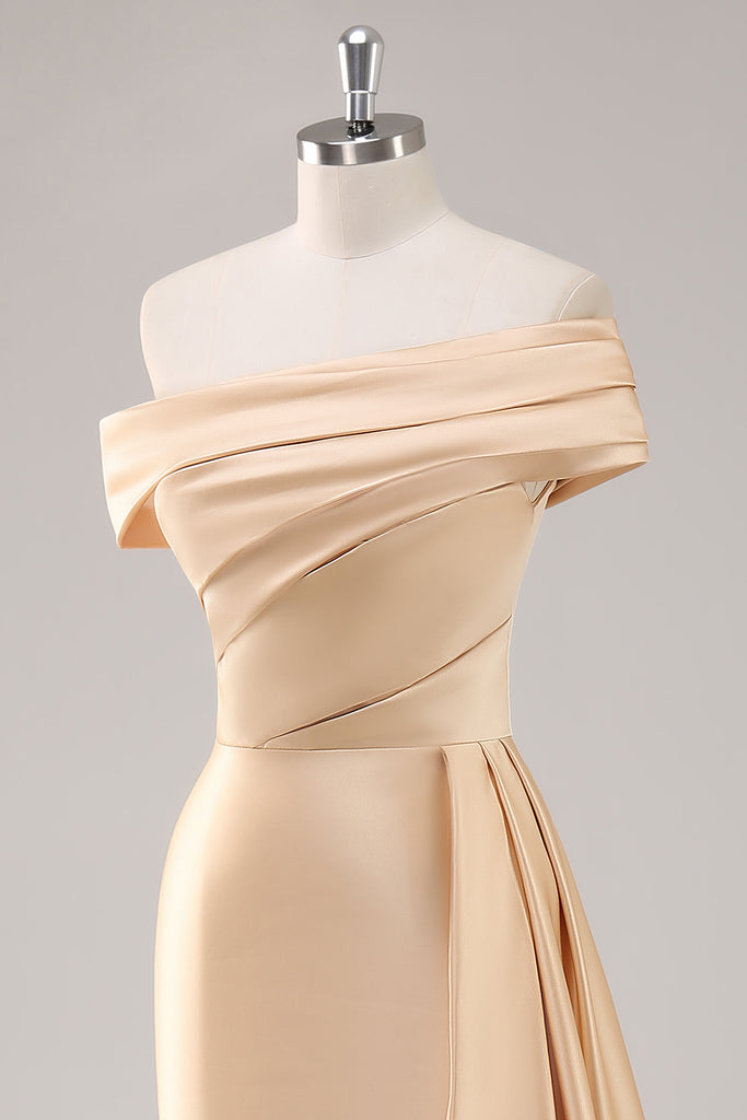 Off-the-shoulder Ruched Sheath Long Slit Dress Champagne main image 1