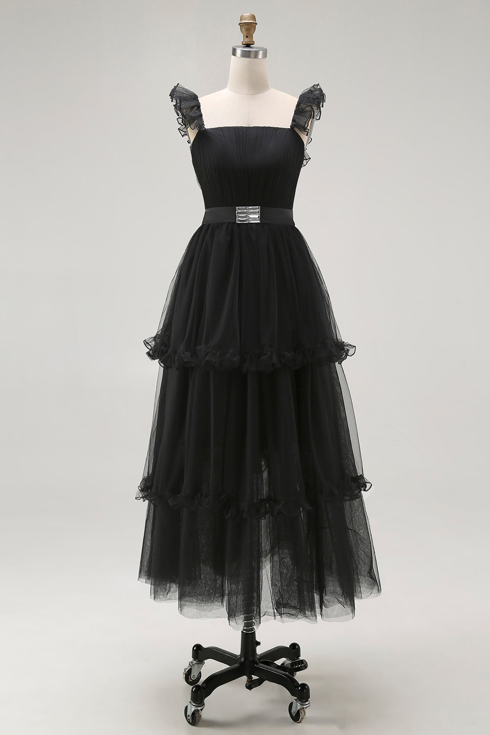 Black Tulle Spaghetti Straps A Line Formal Dress