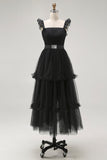 Black Tulle Spaghetti Straps A Line Formal Dress
