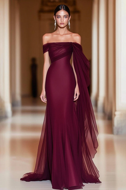 Cabernet Off the Shoulder Military Ball Dress Mermaid Tulle Long Prom Dress