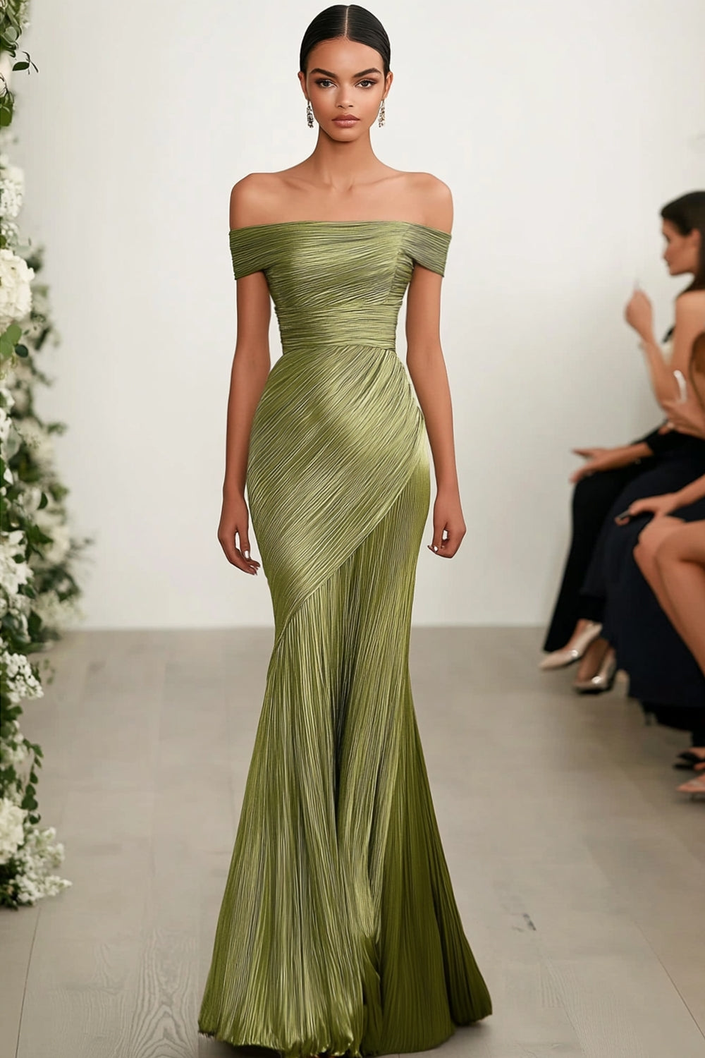 Green Red Carpet Dress Metallic Satin Pleated Off The Shoulder Sheath Long Gala Ball Dress