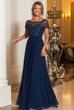 Navy Boat Neck Appliques A-Line Long Mother Of the Bride Dress with Sleeves