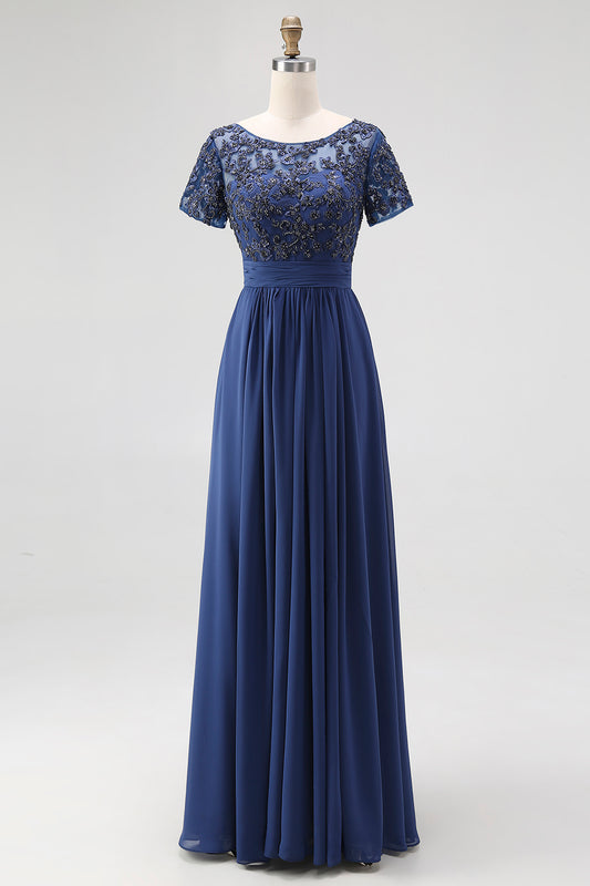 Navy Boat Neck Appliques A-Line Long Mother Of the Bride Dress with Sleeves
