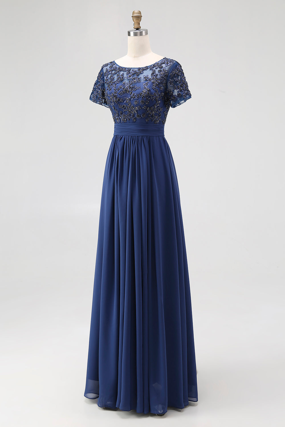 Navy Boat Neck Appliques A-Line Long Mother Of the Bride Dress with Sleeves