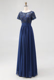 Navy Boat Neck Appliques A-Line Long Mother Of the Bride Dress with Sleeves
