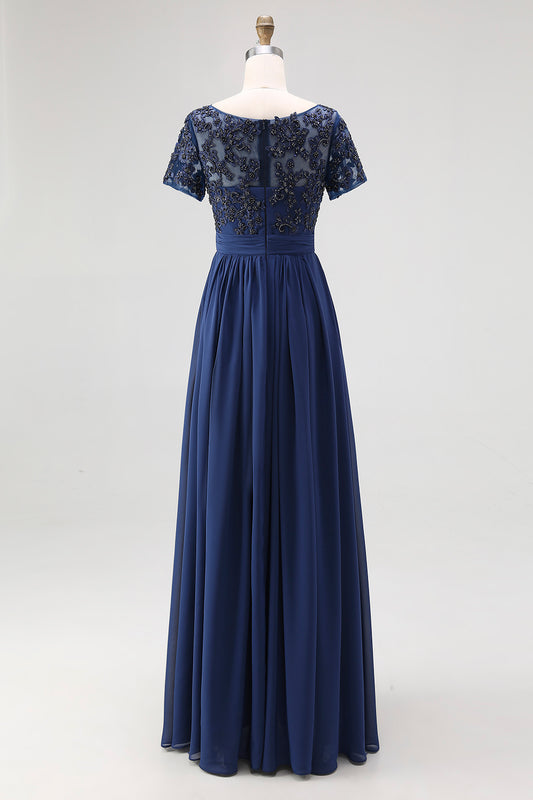 Navy Boat Neck Appliques A-Line Long Mother Of the Bride Dress with Sleeves