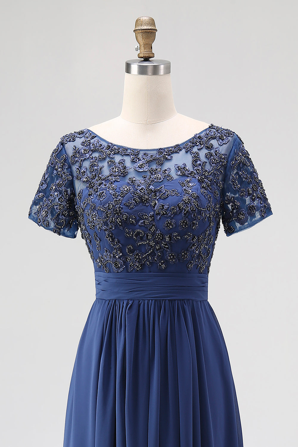 Navy Boat Neck Appliques A-Line Long Mother Of the Bride Dress with Sleeves