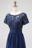 Navy Boat Neck Appliques A-Line Long Mother Of the Bride Dress with Sleeves