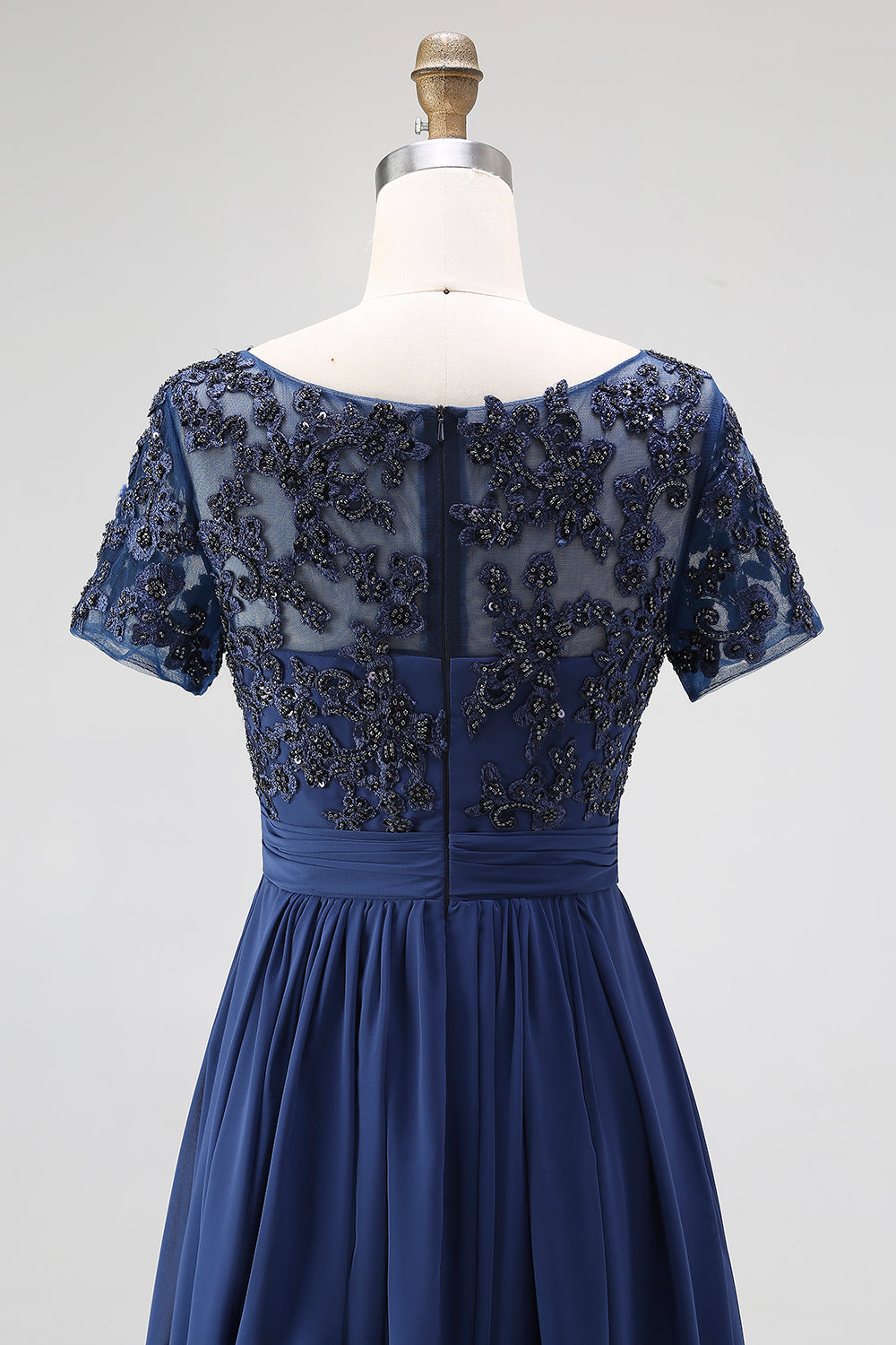 Navy Boat Neck Appliques A-Line Long Mother Of the Bride Dress with Sleeves