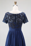 Navy Boat Neck Appliques A-Line Long Mother Of the Bride Dress with Sleeves
