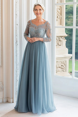 ZAPAKA Women Queen Anne Dusty Blue Mother of the Bride Dress Lace Appliqued A Line Long Sleeves Wedding Guest Dress, Grey Blue / US10