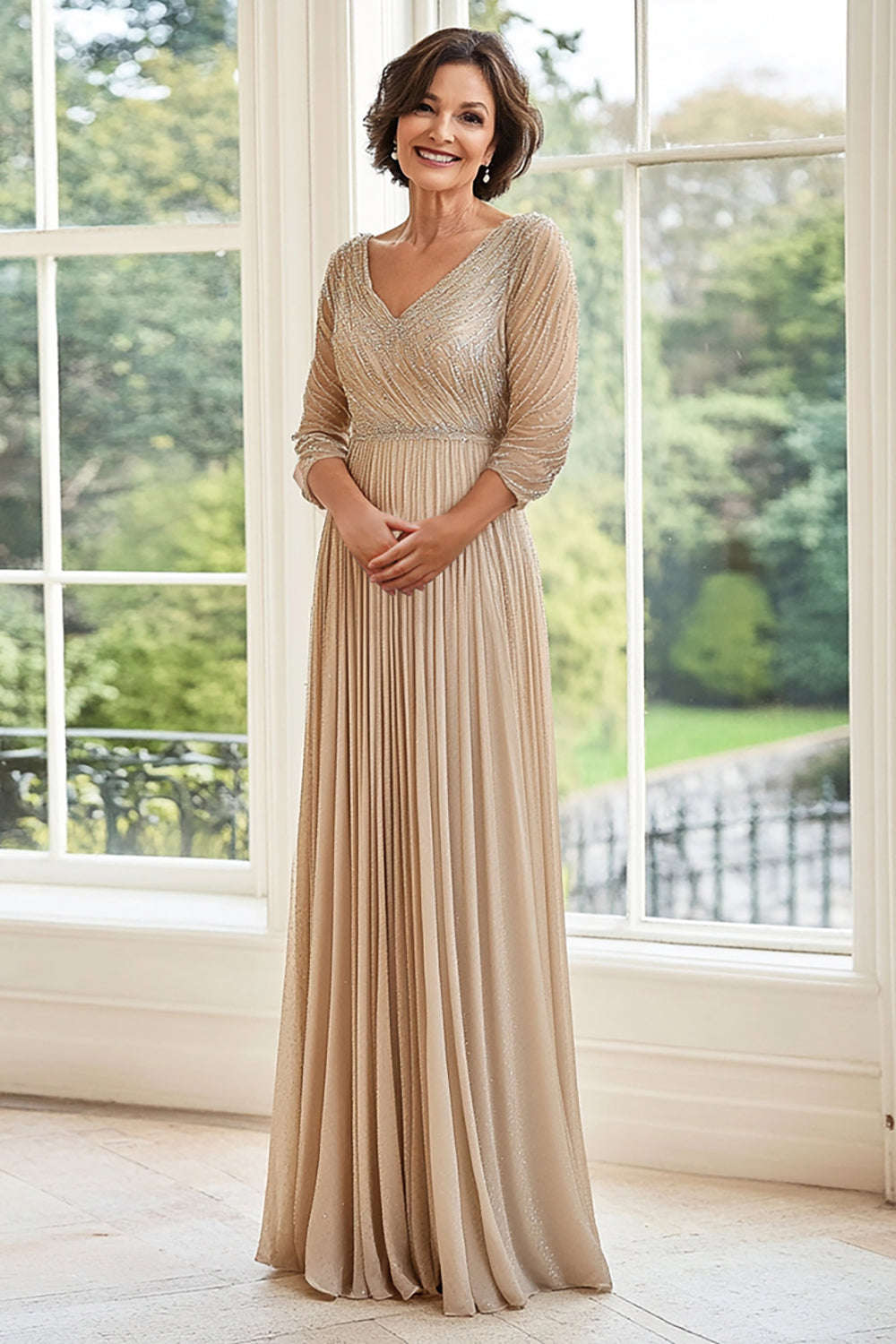 ZAPAKASA Women Elegant Champagne Mother of the Bride Dress Long Sleeves