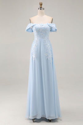 Sky Blue Chiffon Appliqued Sheath Long Mother of the Bride Dress