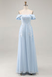 Sky Blue Off the Shoulder Chiffon Sheath Long Mother of the Bride Dress with Appliques