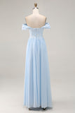 Sky Blue Off the Shoulder Chiffon Sheath Long Mother of the Bride Dress with Appliques