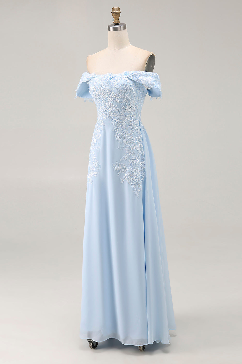 Sky Blue Off the Shoulder Chiffon Sheath Long Mother of the Bride Dress with Appliques