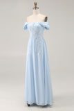 Sky Blue Off the Shoulder Chiffon Sheath Long Mother of the Bride Dress with Appliques