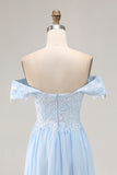 Sky Blue Chiffon Appliqued Sheath Long Mother of the Bride Dress