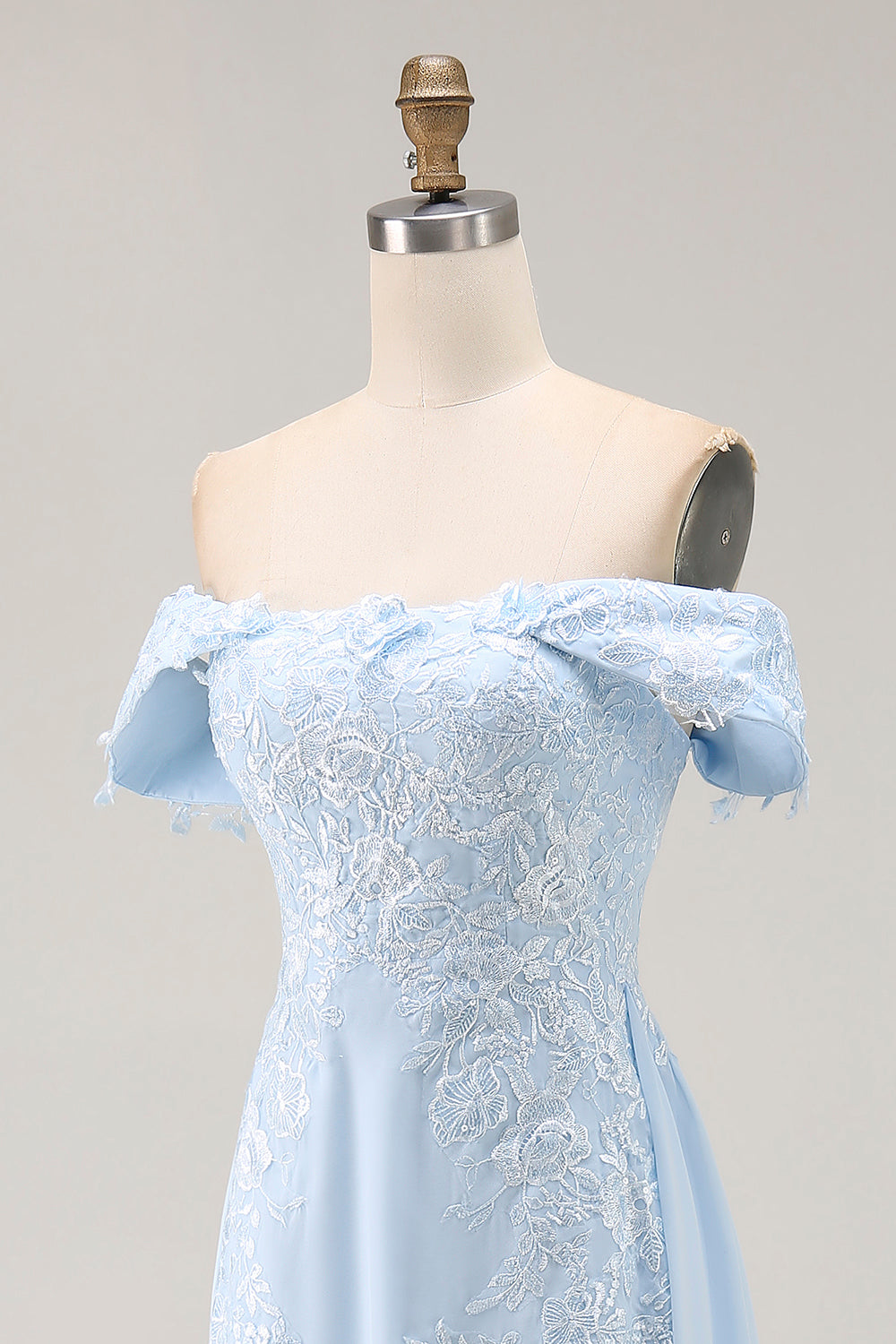 Sky Blue Chiffon Appliqued Sheath Long Mother of the Bride Dress