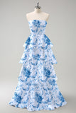 White Blue Flower Printed Strapless Long Bridesmaid Dress with Ruffles