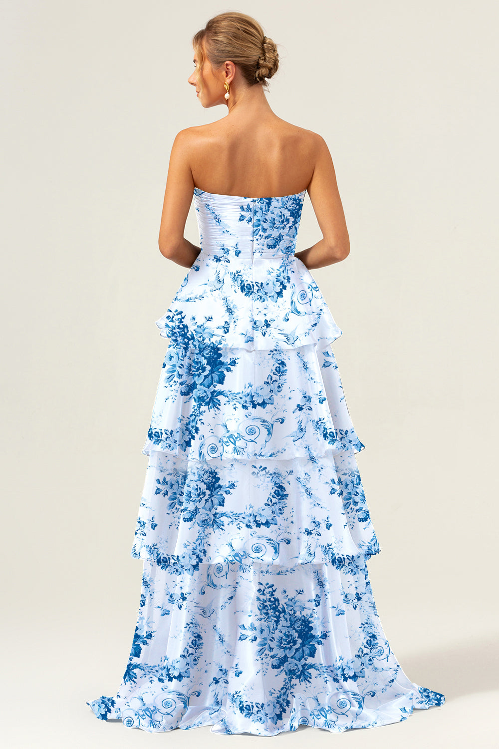 ZAPAKASA Women White Blue Flower A Line Ruched Long Bridesmaid Dress