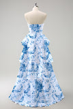 White Blue Flower Printed Strapless Long Bridesmaid Dress with Ruffles