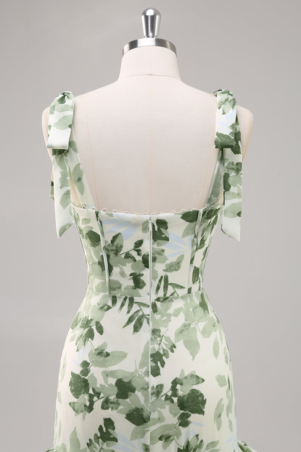 Green Flower A Line Square Neck Ruffled Long Bridesmaid Dress with Slit