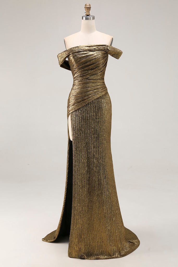 Zapakasa Women Gold Prom Dress With Slit Off The Shoulder Sheath