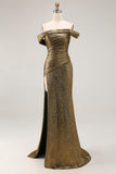 Gold Off The Shoulder Sheath Metallic Satin Prom Dress With Slit