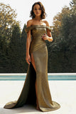 Gold Metallic Off The Shoulder Sheath Long Prom Dress With Slit