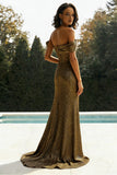 Gold Off The Shoulder Sheath Metallic Satin Prom Dress With Slit
