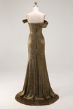 Gold Off The Shoulder Sheath Metallic Satin Prom Dress With Slit
