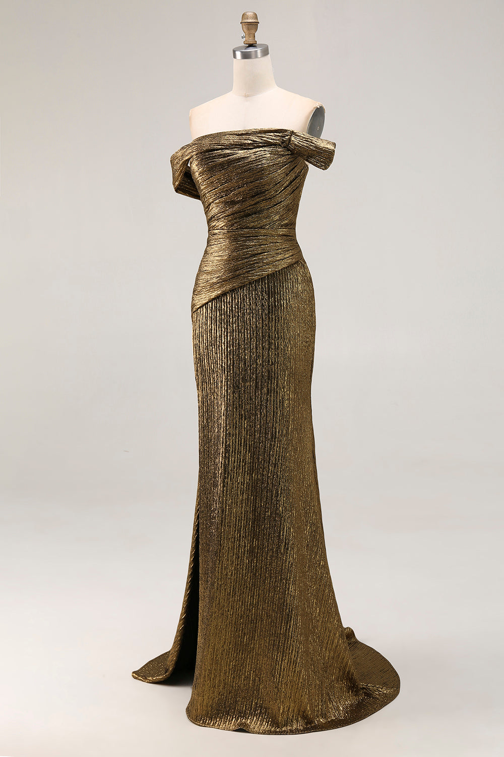 Gold Metallic Off The Shoulder Sheath Long Prom Dress With Slit