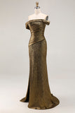Gold Metallic Off The Shoulder Sheath Long Prom Dress With Slit