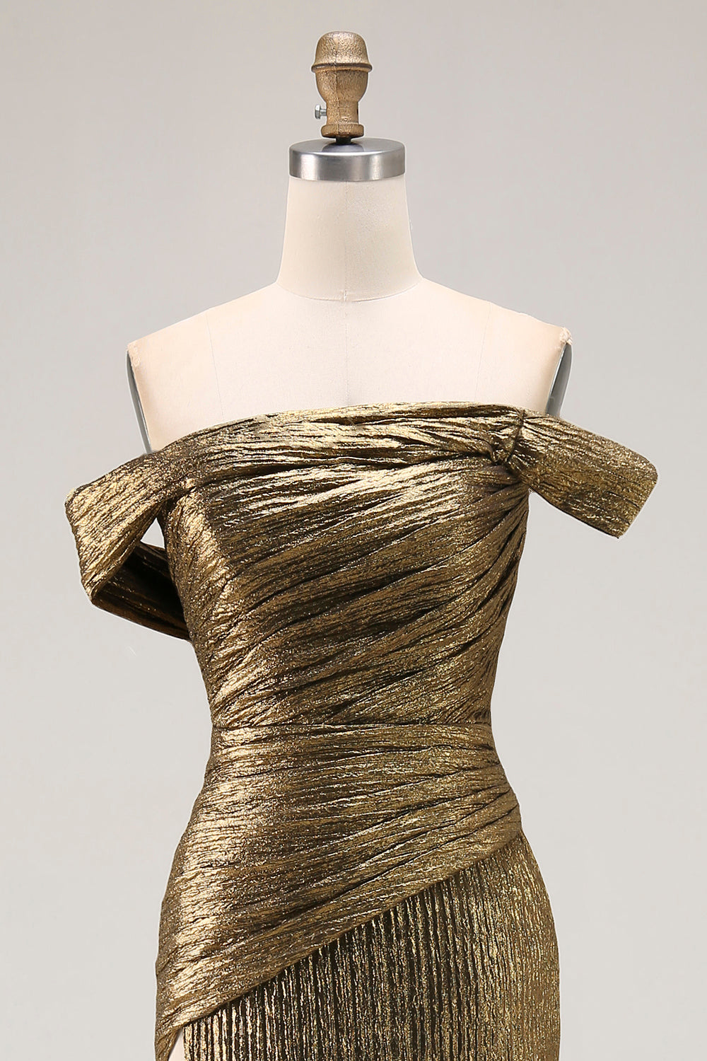 Gold Metallic Off The Shoulder Sheath Long Prom Dress With Slit