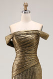 Gold Metallic Off The Shoulder Sheath Long Prom Dress With Slit